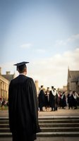 Graduate in black cap and gown standing on steps overlooking ceremony with fellow students in academic attire against evening sky for education milestone.