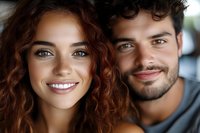 Happy young couple smiling at camera with warm natural lighting. Caucasian woman with curly hair and bearded man showing genuine joy and connection.