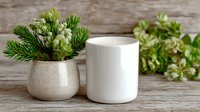 Minimalist home decor with pine branches in ceramic pot and white candle holder on rustic wooden background with green plants.