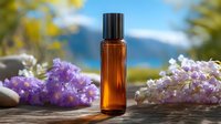 Amber glass essential oil bottle with lavender flowers on wooden surface against blurred mountain landscape. Perfect for wellness and aromatherapy content.