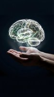 Glowing digital brain hologram floating above open human hands on dark background representing artificial intelligence and mental health concepts.