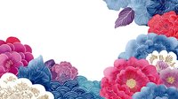 Vibrant floral composition with pink, blue, and white blooms featuring delicate petals and decorative elements on white background for greeting cards and textile design.