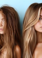 Contrasting hairstyles showing damaged frizzy brown hair versus healthy smooth blonde hair demonstrating hair care transformation and salon treatment results.