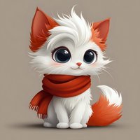 Adorable white and ginger kitten wearing red winter scarf, with big blue eyes and fluffy tail, illustrated in cute cartoon style on neutral background.