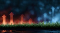 Growing arrows rise above green grass against dramatic dark background with orange and blue gradient lighting effects, symbolizing business growth and success.