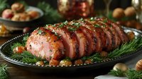 Sliced honey glazed ham garnished with fresh dill and roasted chestnuts on dark plate. Festive holiday meat dish with herbs and nuts for Christmas or winter dinner.
