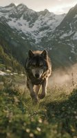 Wolf walking through alpine meadow with snow-capped mountains in background. Gray and brown furred canine in natural wilderness landscape. Wildlife and nature photography.