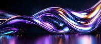 Luminous flowing waves in purple, blue and gold colors create dynamic abstract background with reflective surface and glowing light effects.
