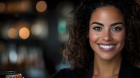 Young African American woman with curly hair and bright smile against blurred restaurant background, radiating confidence and warmth in professional setting.