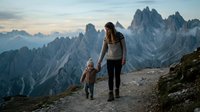 Mother and toddler walking hand in hand on mountain trail during golden hour sunset with dramatic alpine peaks in background for family adventure content.