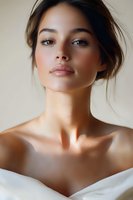Young mixed race woman with natural makeup and glowing skin wearing white fabric, close up beauty portrait with soft lighting and neutral background.