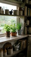 Rustic farmhouse kitchen windowsill with fresh herbs in copper pot, tin can, and galvanized bucket, surrounded by vintage crockery and cookbooks.