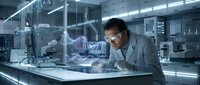 Asian male scientist examining holographic DNA double helix structure in modern laboratory. Genetic research, biotechnology innovation, medical discovery concept.