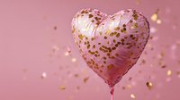 Pink heart-shaped balloon with gold confetti on pastel pink background, festive celebration atmosphere for romantic occasions and party decorations.