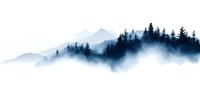 Misty mountain landscape with silhouettes of pine trees against foggy peaks, creating atmospheric layered effect in blue tones. Suitable for wall art and nature decor.