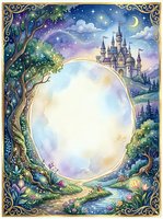 Enchanted fairy tale frame with castle, magical tree, starry night sky and ornate border creating mystical storybook atmosphere for fantasy designs and children's content.