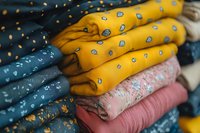 Stack of folded colorful patterned cotton fabrics with floral and paisley prints in yellow, teal blue, and pink shades, showing texture and layers of textile materials.