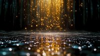 Magical forest scene with glowing golden light rays falling through dark trees onto reflective water surface creating ethereal bokeh effect.