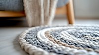 Handmade round rug made from braided cotton rope in neutral gray, beige and white colors creates cozy atmosphere in modern minimalist interior space.