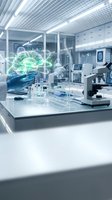 Futuristic medical laboratory with glowing green brain hologram, advanced equipment and sterile white interior for healthcare technology concepts.