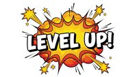 Colorful comic book style explosion with Level Up text for gaming achievement motivation and success celebration on white background.