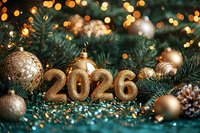 Golden 2026 numbers with Christmas decorations, ornaments and pine branches against blurred bokeh lights background.