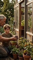 Senior Caucasian grandfather teaching young boy grandson gardening skills with potted plants near wooden greenhouse in backyard during golden hour sunlight.