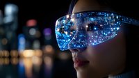 Futuristic augmented reality visor with glowing blue digital interface worn by Asian woman against blurred night city lights background.