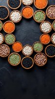 Wooden bowls filled with assorted legumes and pulses arranged in circle on dark slate surface. Includes black beans, white beans, red lentils, green peas, and chickpeas. Top view with copy space.