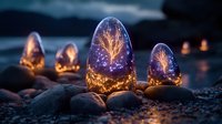 Glowing magical eggs with luminous tree patterns on dark rocky beach at night, mystical fantasy scene with ethereal light emanating through crystal shells.