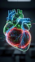 Digital holographic human heart with glowing circuit patterns and neon lights for medical technology and healthcare innovation concepts.