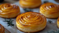 Freshly baked spiral buns with golden brown crust and glossy surface on parchment paper with rosemary sprigs, close up view of traditional pastries.