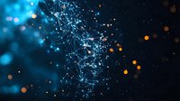 Abstract digital network with glowing blue and orange particles forming interconnected nodes against dark background, representing technology and data visualization.