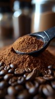 Ground coffee powder in metal measuring spoon over heap of coffee grounds with roasted beans scattered around, macro food photography with soft focus.