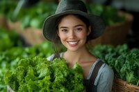 Young woman with South Asian ethnicity, wearing a gray hat and work apron, smiling while holding fresh green leafy vegetables in an agricultural garden setting.