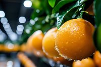 Fresh ripe oranges with water droplets hanging on tree branch with green leaves and bokeh background for healthy eating and citrus fruit concepts.