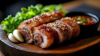 Sliced glazed pork belly with sesame seeds served on dark plate with fresh lettuce, garlic cloves and spicy dipping sauce. Asian cuisine preparation.