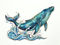 Whale with ornamental blue waves and swirls, isolated on white background. Decorative marine animal artwork suitable for t-shirt design, clipart, and print applications.