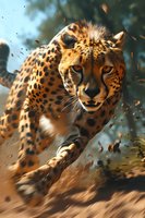 Cheetah running at high speed with intense gaze, dust particles flying in golden sunlight against blurred natural background.