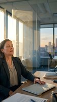 Middle-aged Caucasian businesswoman relaxing with eyes closed at office desk during golden hour, city skyline visible through glass windows.