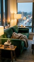 Cozy apartment living room with green velvet sofa, knit throw, candles, steaming mug, and rainy city view at dusk creating warm hygge ambiance.