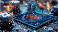 Futuristic digital payment concept with glowing cryptocurrency symbols and credit card hologram emerging from smartphone screen on circuit board background.