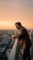 Confident middle-aged Caucasian businessman in suit standing on rooftop balcony overlooking city skyline at golden hour sunset for corporate success concepts.