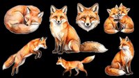 Watercolor red fox clipart set with 7 poses, isolated on transparent background. Great for stickers, t-shirt design, print on demand, and sublimation projects.