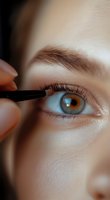 Close-up of young Caucasian woman applying eyeliner pencil, showing amber eye and defined eyebrow. Macro beauty shot for cosmetic and makeup advertising.