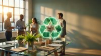 Corporate team discussing green recycling sustainability initiatives in modern office environment with natural lighting and eco-friendly workspace design.