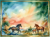 Horses galloping through a pastoral landscape at sunset, rendered in soft watercolor tones with warm golden and cool blue hues, featuring lush vegetation and dramatic sky.