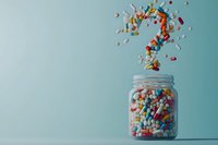Colorful pills and capsules forming a question mark above a full glass jar on a light blue background, symbolizing medication uncertainty.