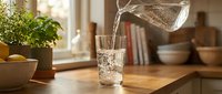Water being poured into a glass on a wooden kitchen counter with potted plants and home decor in soft natural light.