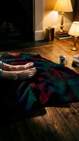 Cozy evening scene with bare feet under colorful knitted blanket on wooden floor, warm lamp lighting, coffee cup and books creating hygge atmosphere.